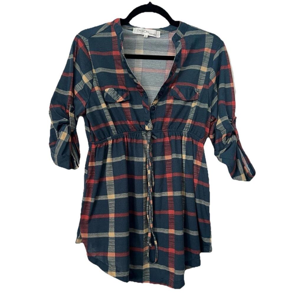 Eden & Olivia Maternity Plaid Tunic Top with Tie Waist Blue Red Size M